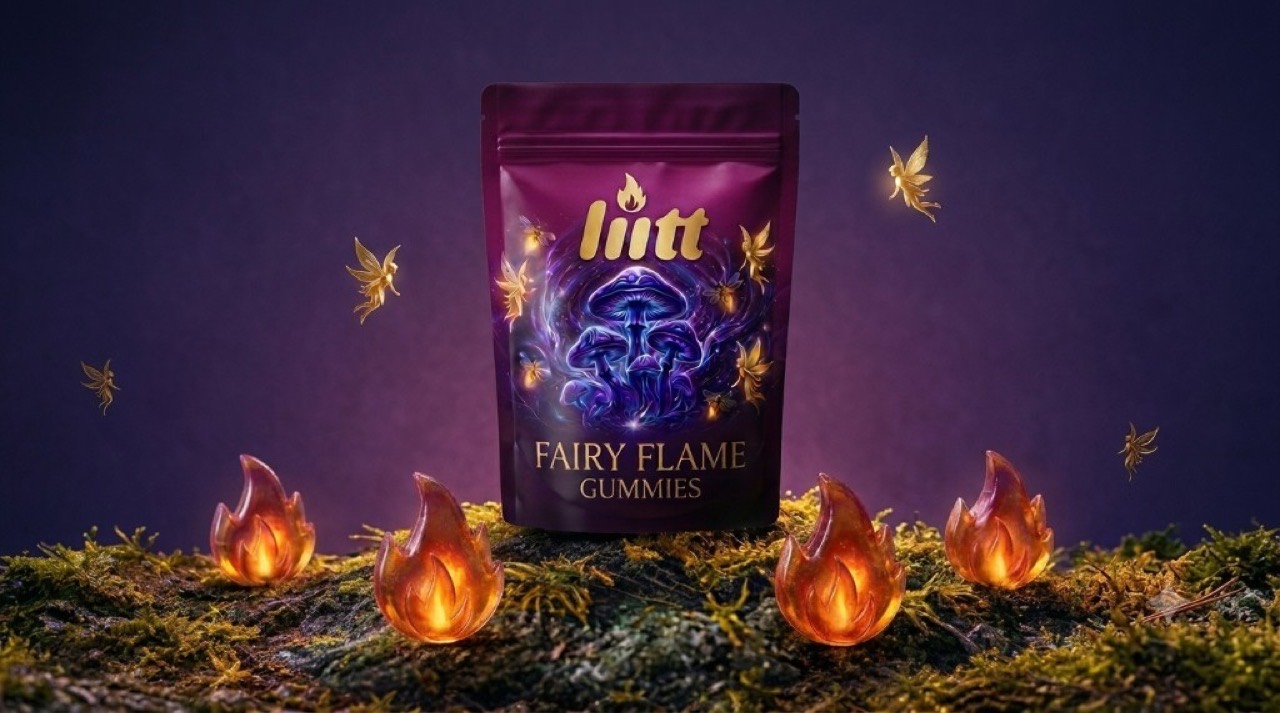 Fairy Flame gummies pouch on moss with glowing flame-shaped gummies and golden fairies