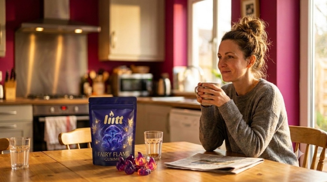 Woman smiling peacefully in a sunlit kitchen with Fairy Flame gummies on the table