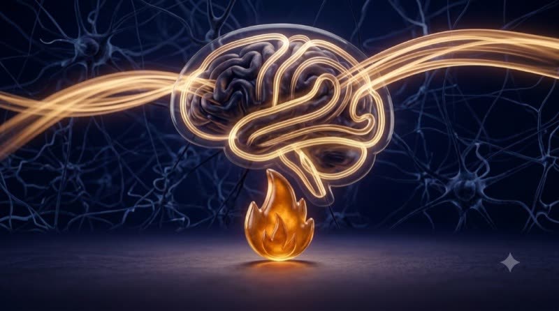 Glowing brain and flame illustration representing cognitive support