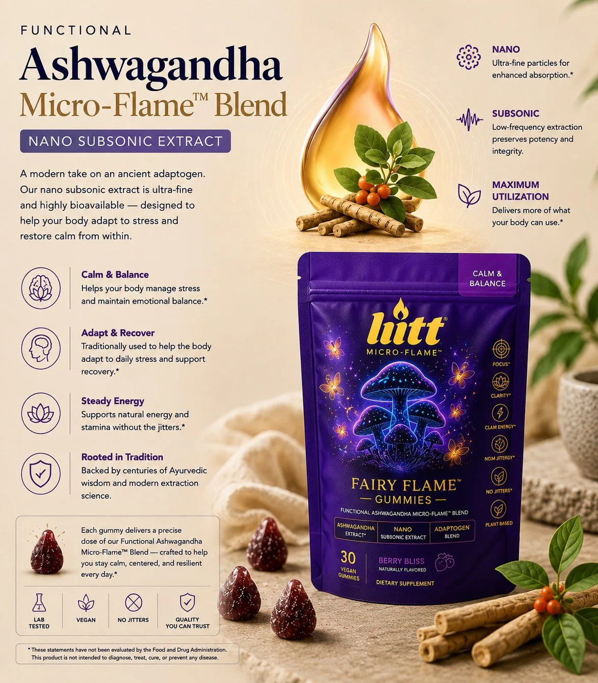 Functional Ashwagandha Micro-Flame nano subsonic extract benefits
