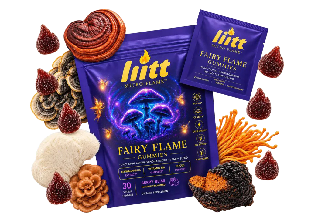 Fairy Flame pouch, sample packet, and mushroom ingredients